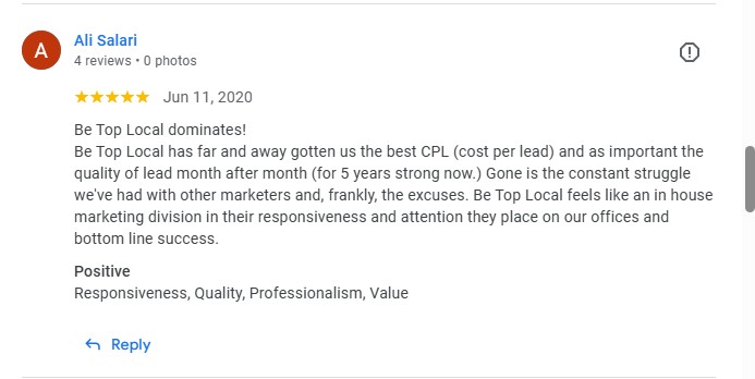 Google review from Ali Salari: best CPL for 5 years strong